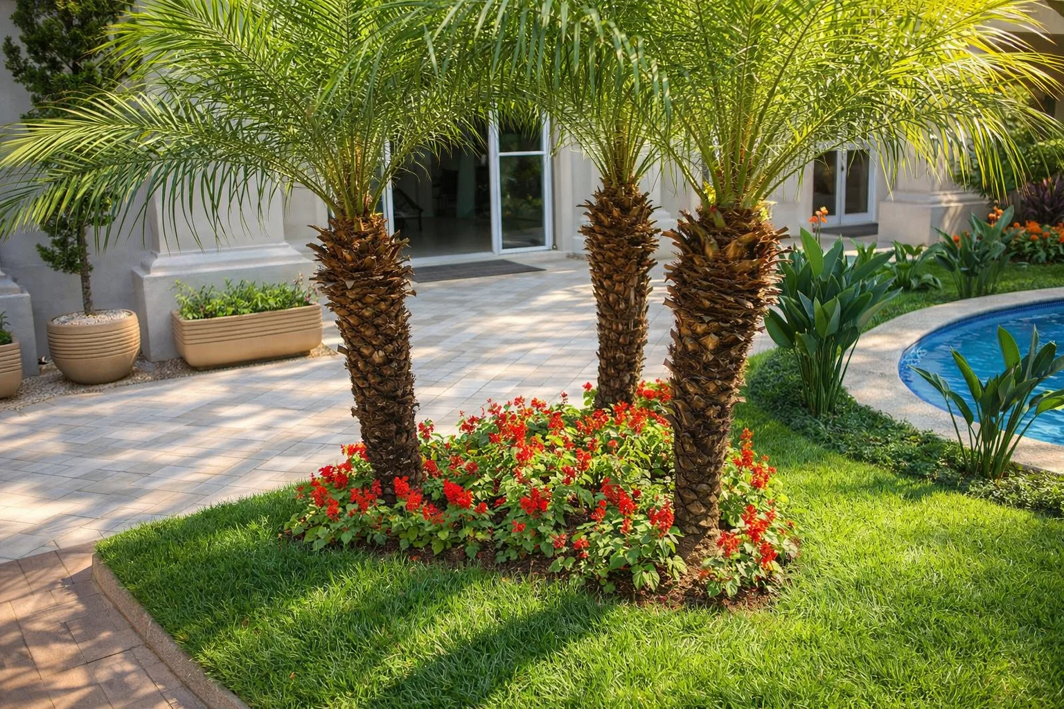 Execução de jardim com palmeiras e flores